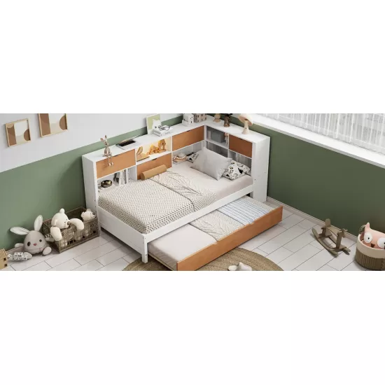 L-Shaped Bed Frame with Trundle and and Bookcase,Corner Bed Wooden Captain Bed with Led Downlight and USB Port for Small Room,Bedroom, Guest Room, Twin Size, Walnut and White L-Shaped Bed Frame with Trundle and and Bookcase,Corner Bed Wooden Captain Bed with Led Downlight and USB Port for Small Room,Bedroom, Guest Room, Twin Size, Walnut and White