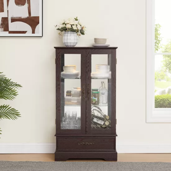 Glass Cabinet Lighted Glass Cabinet Curio Display Cabinet with Adjustable Glass Shelves 2 Doors and 1 drawer Cabinet Bulb Included Cherry Glass Cabinet Lighted Glass Cabinet Curio Display Cabinet with Adjustable Glass Shelves 2 Doors and 1 drawer Cabinet Bulb Included Cherry