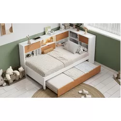 L-Shaped Bed Frame with Trundle and and Bookcase,Corner Bed Wooden Captain Bed with Led Downlight and USB Port for Small Room,Bedroom, Guest Room, Twin Size, Walnut and White