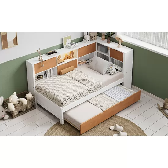 L-Shaped Bed Frame with Trundle and and Bookcase,Corner Bed Wooden Captain Bed with Led Downlight and USB Port for Small Room,Bedroom, Guest Room, Twin Size, Walnut and White L-Shaped Bed Frame with Trundle and and Bookcase,Corner Bed Wooden Captain Bed with Led Downlight and USB Port for Small Room,Bedroom, Guest Room, Twin Size, Walnut and White