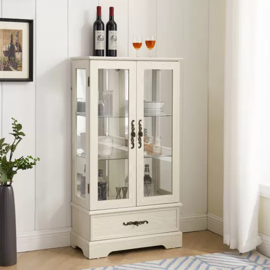 Glass Cabinet Lighted Glass Cabinet Curio Display Cabinet with Adjustable Glass Shelves 2 Doors and 1 drawer Cabinet Bulb Included White Glass Cabinet Lighted Glass Cabinet Curio Display Cabinet with Adjustable Glass Shelves 2 Doors and 1 drawer Cabinet Bulb Included White