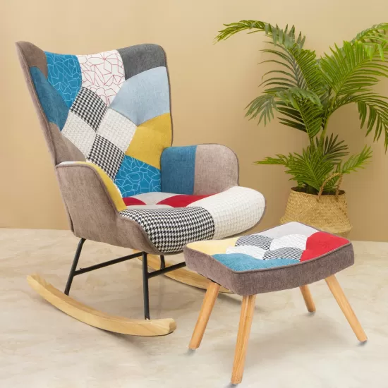 Rocking Chair with ottoman, Mid Century Fabric Rocker Chair with Wood Legs and Patchwork Linen for Livingroom Bedroom Rocking Chair with ottoman, Mid Century Fabric Rocker Chair with Wood Legs and Patchwork Linen for Livingroom Bedroom