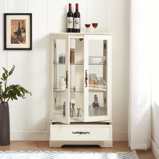 Glass Cabinet Lighted Glass Cabinet Curio Display Cabinet with Adjustable Glass Shelves 2 Doors and 1 drawer Cabinet Bulb Included White Glass Cabinet Lighted Glass Cabinet Curio Display Cabinet with Adjustable Glass Shelves 2 Doors and 1 drawer Cabinet Bulb Included White