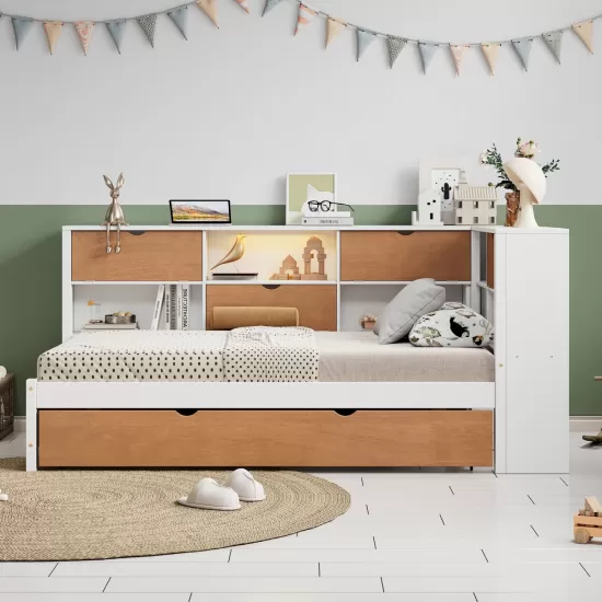L-Shaped Bed Frame with Trundle and and Bookcase,Corner Bed Wooden Captain Bed with Led Downlight and USB Port for Small Room,Bedroom, Guest Room, Twin Size, Walnut and White L-Shaped Bed Frame with Trundle and and Bookcase,Corner Bed Wooden Captain Bed with Led Downlight and USB Port for Small Room,Bedroom, Guest Room, Twin Size, Walnut and White