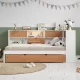L-Shaped Bed Frame with Trundle and and Bookcase,Corner Bed Wooden Captain Bed with Led Downlight and USB Port for Small Room,Bedroom, Guest Room, Twin Size, Walnut and White L-Shaped Bed Frame with Trundle and and Bookcase,Corner Bed Wooden Captain Bed with Led Downlight and USB Port for Small Room,Bedroom, Guest Room, Twin Size, Walnut and White