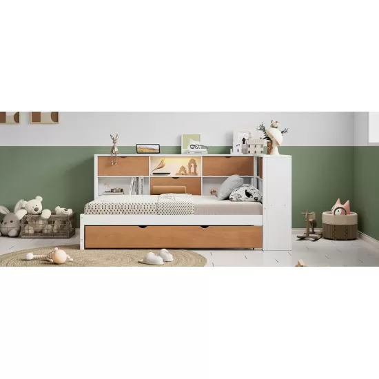 L-Shaped Bed Frame with Trundle and and Bookcase,Corner Bed Wooden Captain Bed with Led Downlight and USB Port for Small Room,Bedroom, Guest Room, Twin Size, Walnut and White L-Shaped Bed Frame with Trundle and and Bookcase,Corner Bed Wooden Captain Bed with Led Downlight and USB Port for Small Room,Bedroom, Guest Room, Twin Size, Walnut and White