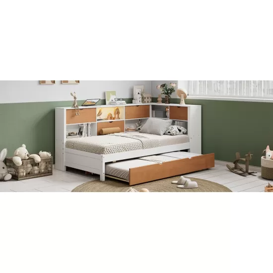 L-Shaped Bed Frame with Trundle and and Bookcase,Corner Bed Wooden Captain Bed with Led Downlight and USB Port for Small Room,Bedroom, Guest Room, Twin Size, Walnut and White L-Shaped Bed Frame with Trundle and and Bookcase,Corner Bed Wooden Captain Bed with Led Downlight and USB Port for Small Room,Bedroom, Guest Room, Twin Size, Walnut and White