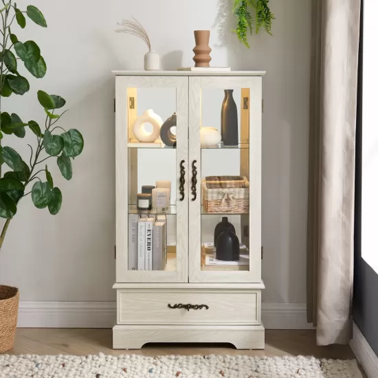Glass Cabinet Lighted Glass Cabinet Curio Display Cabinet with Adjustable Glass Shelves 2 Doors and 1 drawer Cabinet Bulb Included White Glass Cabinet Lighted Glass Cabinet Curio Display Cabinet with Adjustable Glass Shelves 2 Doors and 1 drawer Cabinet Bulb Included White