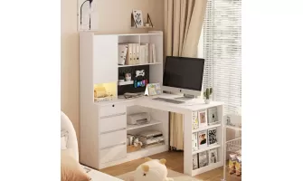   

Enhance Your Workspace with the Modern L-Shaped Desk with Charger, Bookshelf & LED Light