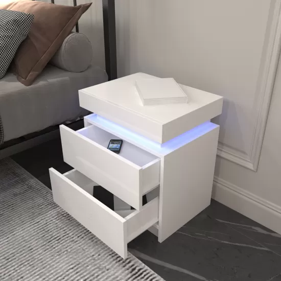 Modern white Nightstand With 2 Storage Drawers,Led Lights, End Table For Bedroom Furniture Modern white Nightstand With 2 Storage Drawers,Led Lights, End Table For Bedroom Furniture
