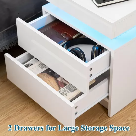 Modern white Nightstand With 2 Storage Drawers,Led Lights, End Table For Bedroom Furniture Modern white Nightstand With 2 Storage Drawers,Led Lights, End Table For Bedroom Furniture