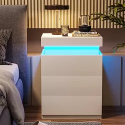 LED White Nightstand With 3 Drawers, Modern Multi-Colour LED Night Table Bedside Tables for Bedroom, Living Room LED White Nightstand With 3 Drawers, Modern Multi-Colour LED Night Table Bedside Tables for Bedroom, Living Room