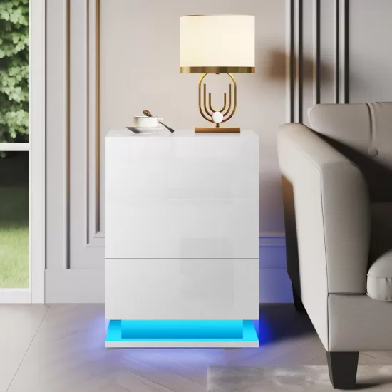 LED Nightstand with 3 drawers,White bedside Table ,Modern End Side Table for Bedroom LED Nightstand with 3 drawers,White bedside Table ,Modern End Side Table for Bedroom