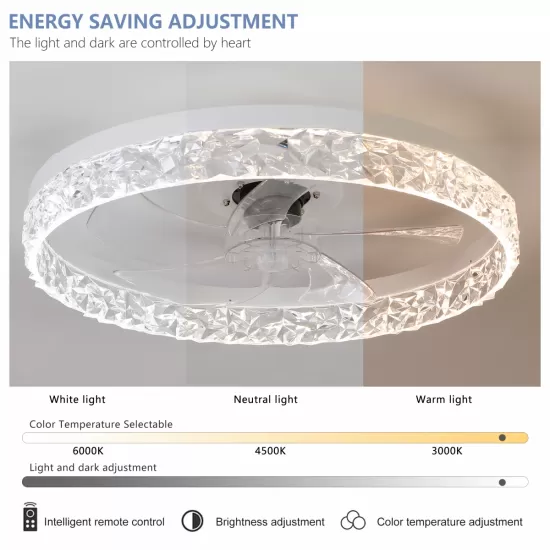 Modern Acrylic Ceiling Fan Light with Remote Control, Dimmable LED Chandelier, 6-Speed Adjustable, Quiet Motor, Flush Mount Design for Living Room, Bedroom, Dining Room Modern Acrylic Ceiling Fan Light with Remote Control, Dimmable LED Chandelier, 6-Speed Adjustable, Quiet Motor, Flush Mount Design for Living Room, Bedroom, Dining Room