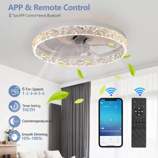 Modern Acrylic Ceiling Fan Light with Remote Control, Dimmable LED Chandelier, 6-Speed Adjustable, Quiet Motor, Flush Mount Design for Living Room, Bedroom, Dining Room Modern Acrylic Ceiling Fan Light with Remote Control, Dimmable LED Chandelier, 6-Speed Adjustable, Quiet Motor, Flush Mount Design for Living Room, Bedroom, Dining Room