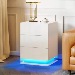 LED Nightstand with 3 drawers,White bedside Table ,Modern End Side Table for Bedroom