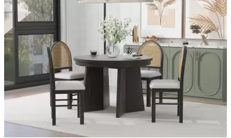 Retro Dining Elegance: TREXM 5-Piece Functional Set with Extendable Table & Rattan Chairs