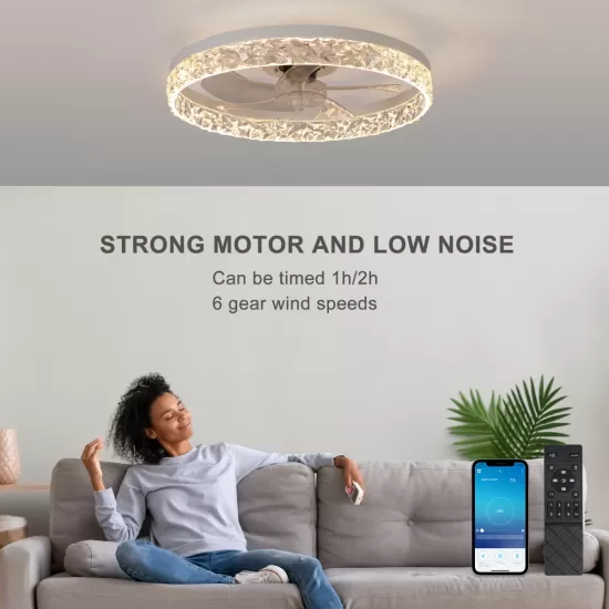 Modern Acrylic Ceiling Fan Light with Remote Control, Dimmable LED Chandelier, 6-Speed Adjustable, Quiet Motor, Flush Mount Design for Living Room, Bedroom, Dining Room Modern Acrylic Ceiling Fan Light with Remote Control, Dimmable LED Chandelier, 6-Speed Adjustable, Quiet Motor, Flush Mount Design for Living Room, Bedroom, Dining Room