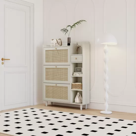 Natural Bohemia Style Shoe Cabinet, Shoe Rack Cabinet with 3 Rattan Flip Drawers,3 Square Shelves and 1 Storage Drawer, Shoe Organizer with Mulit Storage Space and Hooks for Hallway, Entryway, White Natural Bohemia Style Shoe Cabinet, Shoe Rack Cabinet with 3 Rattan Flip Drawers,3 Square Shelves and 1 Storage Drawer, Shoe Organizer with Mulit Storage Space and Hooks for Hallway, Entryway, White