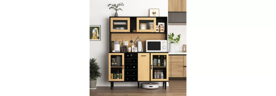 Modern Farmhouse Buffet Cabinet with Wine Rack and Power Outlet for Stylish Living Spaces Modern Farmhouse Buffet Cabinet with Wine Rack and Power Outlet for Stylish Living Spaces