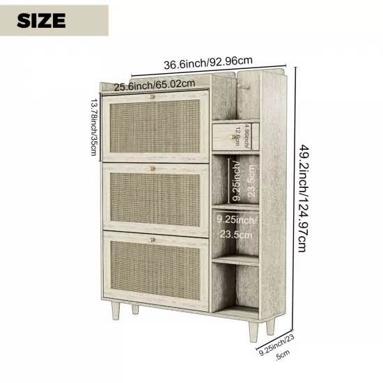 Natural Bohemia Style Shoe Cabinet, Shoe Rack Cabinet with 3 Rattan Flip Drawers,3 Square Shelves and 1 Storage Drawer, Shoe Organizer with Mulit Storage Space and Hooks for Hallway, Entryway, White Natural Bohemia Style Shoe Cabinet, Shoe Rack Cabinet with 3 Rattan Flip Drawers,3 Square Shelves and 1 Storage Drawer, Shoe Organizer with Mulit Storage Space and Hooks for Hallway, Entryway, White