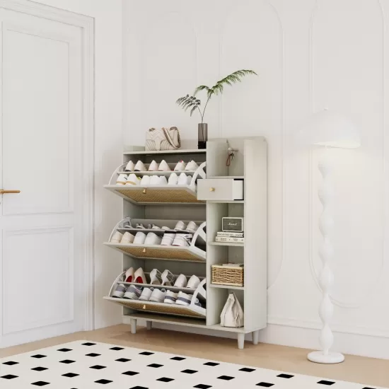 Natural Bohemia Style Shoe Cabinet, Shoe Rack Cabinet with 3 Rattan Flip Drawers,3 Square Shelves and 1 Storage Drawer, Shoe Organizer with Mulit Storage Space and Hooks for Hallway, Entryway, White Natural Bohemia Style Shoe Cabinet, Shoe Rack Cabinet with 3 Rattan Flip Drawers,3 Square Shelves and 1 Storage Drawer, Shoe Organizer with Mulit Storage Space and Hooks for Hallway, Entryway, White