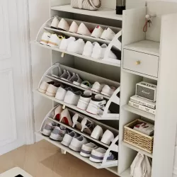 Natural Bohemia Style Shoe Cabinet, Shoe Rack Cabinet with 3 Rattan Flip Drawers,3 Square Shelves and 1 Storage Drawer, Shoe Organizer with Mulit Storage Space and Hooks for Hallway, Entryway, White Natural Bohemia Style Shoe Cabinet, Shoe Rack Cabinet with 3 Rattan Flip Drawers,3 Square Shelves and 1 Storage Drawer, Shoe Organizer with Mulit Storage Space and Hooks for Hallway, Entryway, White
