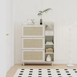 Natural Bohemia Style Shoe Cabinet, Shoe Rack Cabinet with 3 Rattan Flip Drawers,3 Square Shelves and 1 Storage Drawer, Shoe Organizer with Mulit Storage Space and Hooks for Hallway, Entryway, White Natural Bohemia Style Shoe Cabinet, Shoe Rack Cabinet with 3 Rattan Flip Drawers,3 Square Shelves and 1 Storage Drawer, Shoe Organizer with Mulit Storage Space and Hooks for Hallway, Entryway, White