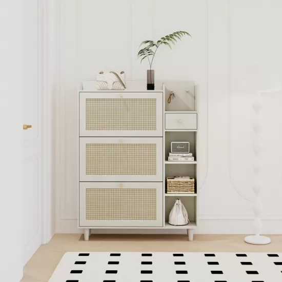 Natural Bohemia Style Shoe Cabinet, Shoe Rack Cabinet with 3 Rattan Flip Drawers,3 Square Shelves and 1 Storage Drawer, Shoe Organizer with Mulit Storage Space and Hooks for Hallway, Entryway, White Natural Bohemia Style Shoe Cabinet, Shoe Rack Cabinet with 3 Rattan Flip Drawers,3 Square Shelves and 1 Storage Drawer, Shoe Organizer with Mulit Storage Space and Hooks for Hallway, Entryway, White
