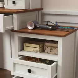 46.5'' Farmhouse Makeup Vanity Desk with Adjustible LED Lighted Mirror and Charging Station for Bedroom, Rustic Dressing Vanity Table with Side Cabinet and Cushioned Stool for Women 46.5'' Farmhouse Makeup Vanity Desk with Adjustible LED Lighted Mirror and Charging Station for Bedroom, Rustic Dressing Vanity Table with Side Cabinet and Cushioned Stool for Women
