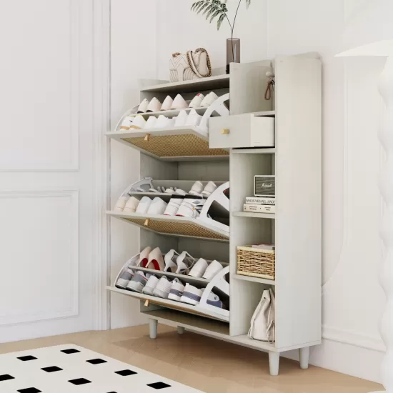 Natural Bohemia Style Shoe Cabinet, Shoe Rack Cabinet with 3 Rattan Flip Drawers,3 Square Shelves and 1 Storage Drawer, Shoe Organizer with Mulit Storage Space and Hooks for Hallway, Entryway, White Natural Bohemia Style Shoe Cabinet, Shoe Rack Cabinet with 3 Rattan Flip Drawers,3 Square Shelves and 1 Storage Drawer, Shoe Organizer with Mulit Storage Space and Hooks for Hallway, Entryway, White