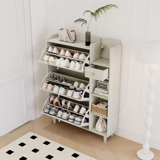 Natural Bohemia Style Shoe Cabinet, Shoe Rack Cabinet with 3 Rattan Flip Drawers,3 Square Shelves and 1 Storage Drawer, Shoe Organizer with Mulit Storage Space and Hooks for Hallway, Entryway, White Natural Bohemia Style Shoe Cabinet, Shoe Rack Cabinet with 3 Rattan Flip Drawers,3 Square Shelves and 1 Storage Drawer, Shoe Organizer with Mulit Storage Space and Hooks for Hallway, Entryway, White