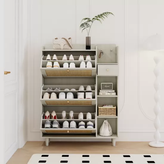 Natural Bohemia Style Shoe Cabinet, Shoe Rack Cabinet with 3 Rattan Flip Drawers,3 Square Shelves and 1 Storage Drawer, Shoe Organizer with Mulit Storage Space and Hooks for Hallway, Entryway, White Natural Bohemia Style Shoe Cabinet, Shoe Rack Cabinet with 3 Rattan Flip Drawers,3 Square Shelves and 1 Storage Drawer, Shoe Organizer with Mulit Storage Space and Hooks for Hallway, Entryway, White