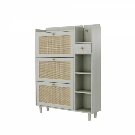 Natural Bohemia Style Shoe Cabinet, Shoe Rack Cabinet with 3 Rattan Flip Drawers,3 Square Shelves and 1 Storage Drawer, Shoe Organizer with Mulit Storage Space and Hooks for Hallway, Entryway, White Natural Bohemia Style Shoe Cabinet, Shoe Rack Cabinet with 3 Rattan Flip Drawers,3 Square Shelves and 1 Storage Drawer, Shoe Organizer with Mulit Storage Space and Hooks for Hallway, Entryway, White