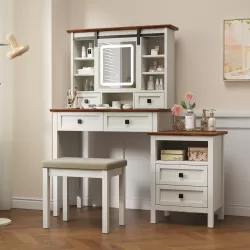 46.5'' Farmhouse Makeup Vanity Desk with Adjustible LED Lighted Mirror and Charging Station for Bedroom, Rustic Dressing Vanity Table with Side Cabinet and Cushioned Stool for Women 46.5'' Farmhouse Makeup Vanity Desk with Adjustible LED Lighted Mirror and Charging Station for Bedroom, Rustic Dressing Vanity Table with Side Cabinet and Cushioned Stool for Women