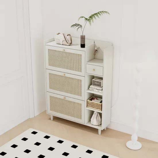 Natural Bohemia Style Shoe Cabinet, Shoe Rack Cabinet with 3 Rattan Flip Drawers,3 Square Shelves and 1 Storage Drawer, Shoe Organizer with Mulit Storage Space and Hooks for Hallway, Entryway, White Natural Bohemia Style Shoe Cabinet, Shoe Rack Cabinet with 3 Rattan Flip Drawers,3 Square Shelves and 1 Storage Drawer, Shoe Organizer with Mulit Storage Space and Hooks for Hallway, Entryway, White