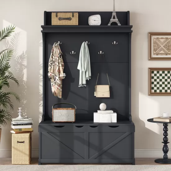 Hall Tree with Storage Bench, Entryway Bench with Drawer and 5 Hooks, Coat Rack with Display Shelf for Hallway Entryways, Dark Blue Hall Tree with Storage Bench, Entryway Bench with Drawer and 5 Hooks, Coat Rack with Display Shelf for Hallway Entryways, Dark Blue