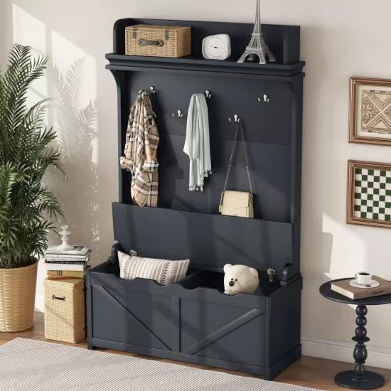 Hall Tree with Storage Bench, Entryway Bench with Drawer and 5 Hooks, Coat Rack with Display Shelf for Hallway Entryways, Dark Blue Hall Tree with Storage Bench, Entryway Bench with Drawer and 5 Hooks, Coat Rack with Display Shelf for Hallway Entryways, Dark Blue