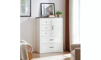   

Farmhouse 5-Drawer Dresser: Rustic Wood Storage for Bedroom & Beyond