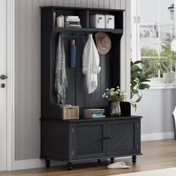 U-Can Hall Tree with 4 Hooks , Coat Hanger, Entryway Bench, Storage Bench, 3-in-1 Design, 40INCH, for Entrance, Hallway (Black)