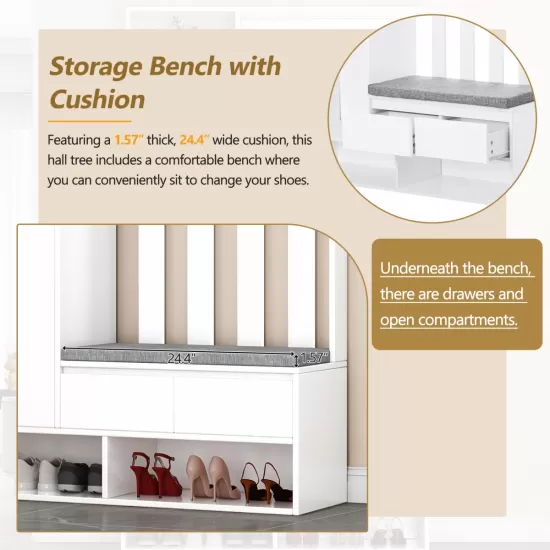 ON-TREND Contemporary 39.3''Wx70.8''H Hall Tree Storage with Cushioned Storage Bench, Multifunctional Hallway Shoe Cabinet with Pegboard, Modern Coat Rack with 4 Hooks for Entryway, Mudroom, White ON-TREND Contemporary 39.3''Wx70.8''H Hall Tree Storage with Cushioned Storage Bench, Multifunctional Hallway Shoe Cabinet with Pegboard, Modern Coat Rack with 4 Hooks for Entryway, Mudroom, White