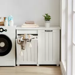 Two-Compartment Tilt-Out Trash Cabinet, Pet Proof Kitchen Trash Cabinet with Cutting Board, Free Standing Laundry Sorter Cabinet, Laundry Hamper, White Two-Compartment Tilt-Out Trash Cabinet, Pet Proof Kitchen Trash Cabinet with Cutting Board, Free Standing Laundry Sorter Cabinet, Laundry Hamper, White