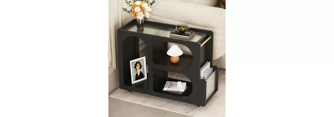 Modern Black Mobile End Table with Lockable Wheels and Fluted Glass Top Modern Black Mobile End Table with Lockable Wheels and Fluted Glass Top