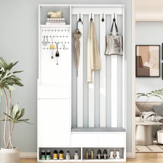 ON-TREND Contemporary 39.3''Wx70.8''H Hall Tree Storage with Cushioned Storage Bench, Multifunctional Hallway Shoe Cabinet with Pegboard, Modern Coat Rack with 4 Hooks for Entryway, Mudroom, White ON-TREND Contemporary 39.3''Wx70.8''H Hall Tree Storage with Cushioned Storage Bench, Multifunctional Hallway Shoe Cabinet with Pegboard, Modern Coat Rack with 4 Hooks for Entryway, Mudroom, White