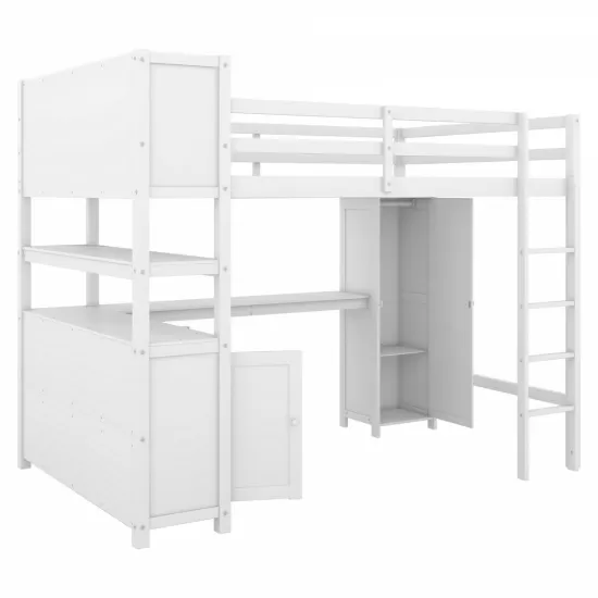 Wood Loft Bed with Cabinet and Bookshelf, Full Size Loft with Wardrobe and Desk for Kids,White (Expect Arrival Date 2024/8/25) Wood Loft Bed with Cabinet and Bookshelf, Full Size Loft with Wardrobe and Desk for Kids,White (Expect Arrival Date 2024/8/25)