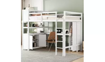  

Wood Loft Bed with Cabinet and Bookshelf: A Stylish and Functional Full-Size Loft for Kids