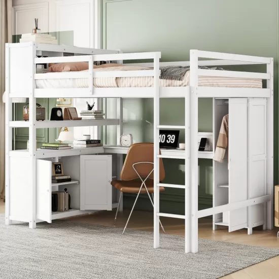 Wood Loft Bed with Cabinet and Bookshelf, Full Size Loft with Wardrobe and Desk for Kids,White (Expect Arrival Date 2024/8/25) Wood Loft Bed with Cabinet and Bookshelf, Full Size Loft with Wardrobe and Desk for Kids,White (Expect Arrival Date 2024/8/25)