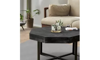 Vintage Octagonal Wooden Coffee Table with Cross Metal Legs for Farmhouse Living Room