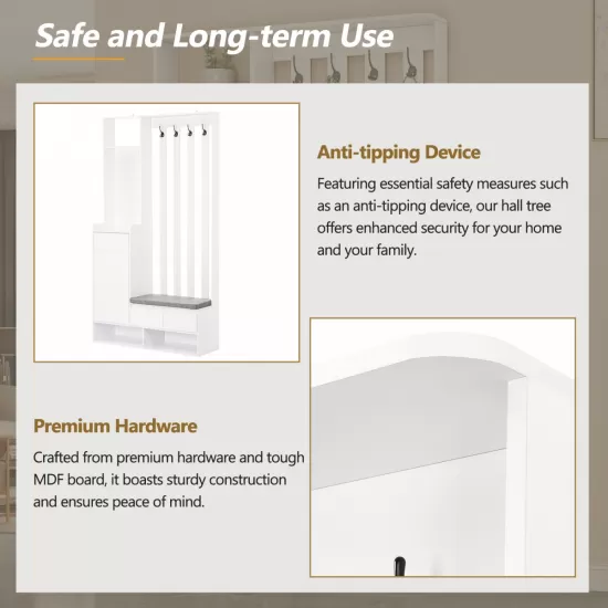 ON-TREND Contemporary 39.3''Wx70.8''H Hall Tree Storage with Cushioned Storage Bench, Multifunctional Hallway Shoe Cabinet with Pegboard, Modern Coat Rack with 4 Hooks for Entryway, Mudroom, White ON-TREND Contemporary 39.3''Wx70.8''H Hall Tree Storage with Cushioned Storage Bench, Multifunctional Hallway Shoe Cabinet with Pegboard, Modern Coat Rack with 4 Hooks for Entryway, Mudroom, White