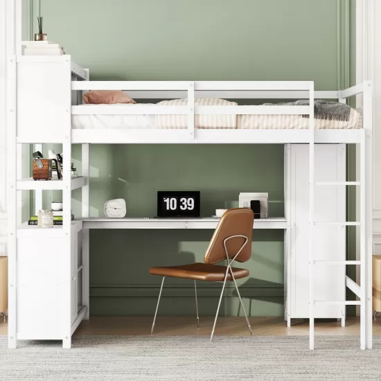 Wood Loft Bed with Cabinet and Bookshelf, Full Size Loft with Wardrobe and Desk for Kids,White (Expect Arrival Date 2024/8/25) Wood Loft Bed with Cabinet and Bookshelf, Full Size Loft with Wardrobe and Desk for Kids,White (Expect Arrival Date 2024/8/25)